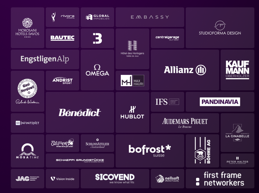Kundenlogos von EZY ONE: Morosani Hotels Davos, Allianz, Omega, Hublot, Audemars Piguet, Bénédict, bofrost* suisse und weitere